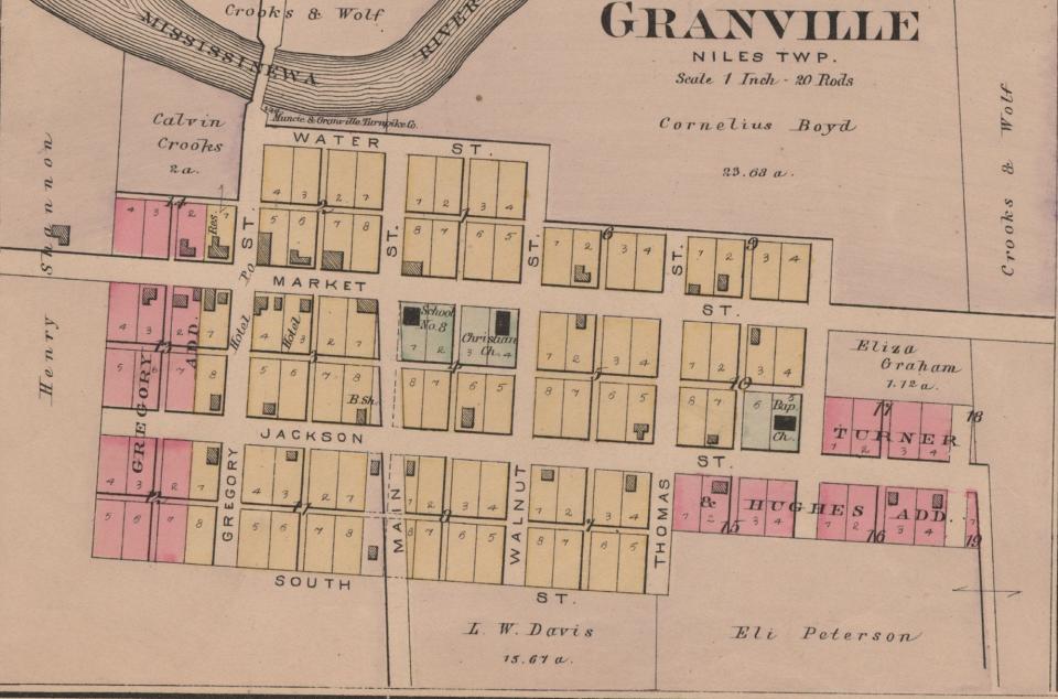 This is a 1887 map of Granville, which was nine miles northeast of Muncie. Eliza Graham, who owned property at the east end of town, was attacked late Feb. 28, 1895, by home-grown terrorists known as the Granville Whitecaps. Image courtesy of the Delaware County Historical Society.