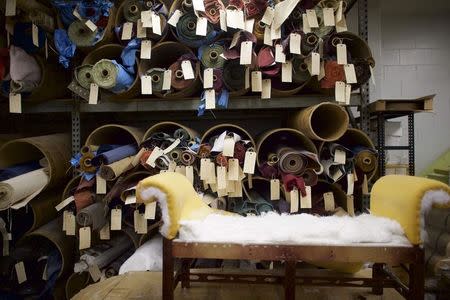 Fabrics are stacked in rolls while inmates work in the furniture shop during a media tour of the Curran-Fromhold Correctional Facility in Philadelphia, Pennsylvania, August 7, 2015. REUTERS/Mark Makela