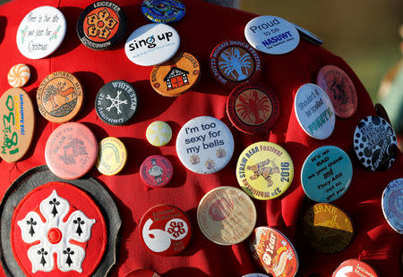 A Leicester Morrismans badges are seen during May Day celebrations at Bradgate Park in Newtown Linford, Britain May 1, 2018. REUTERS/Darren Staples