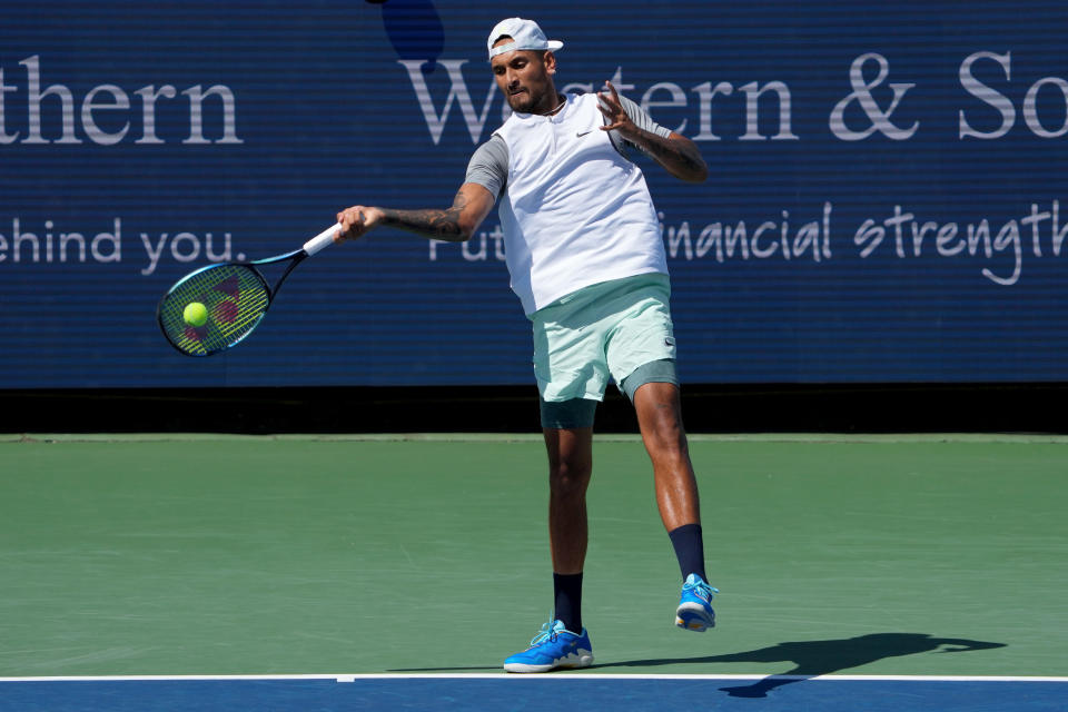 Pictured here, Nick Kyrgios plays a forehand during his round of 32 match against Taylor Fritz at the Cincinnati Masters.