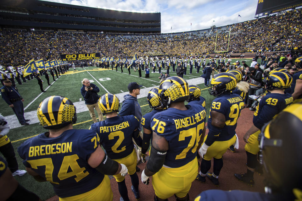 Michigan coach Jim Harbaugh has the Wolverines in contention for the College Football Playoff. (AP)