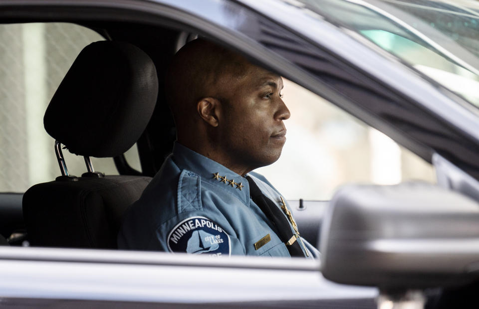 Minneapolis Police chief Medaria Arradondo drives a vehicle as he leaves the Hennepin County Government Center on April 5 in Minneapolis, Minnesota. (Photo: Stephen Maturen via Getty Images)