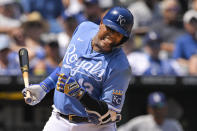 Kansas City Royals' Salvador Perez reacts as he is hit by a pitch during the third inning of a baseball game against the Los Angeles Dodgers, Sunday, Aug. 14, 2022, in Kansas City, Mo. (AP Photo/Reed Hoffmann)