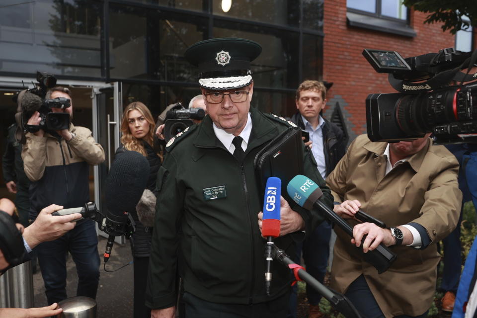 Police Service of Northern Ireland Chief Constable Simon Byrne leaves James House in Belfast, Northern Ireland, Thursday Aug. 31, 2023, after a special meeting of the Policing Board. Northern Ireland’s top police officer resigned Monday Sept. 4, 2023 following a series of controversies that plagued the police force, including what he described as an “industrial scale” data breach. The Northern Ireland Policing Board confirmed that Simon Byrne has resigned as chief constable, with immediate effect. (Liam McBurney/PA via AP)