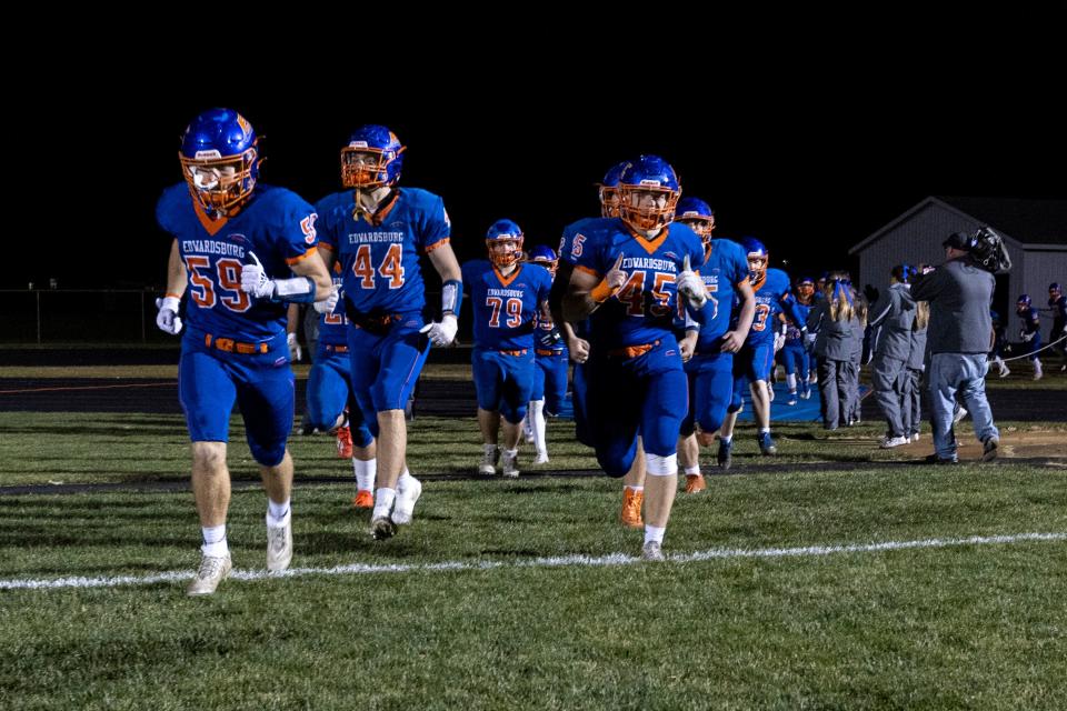 Edwardsburg players take the field in this 2022 photo.