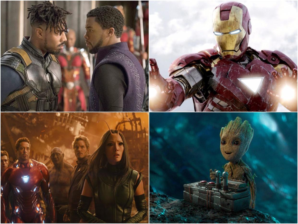 Clockwise from top right: stills from Black Panther, Avengers, Guardians of the Galaxy Vol 2, and Avengers: Infinity War (Disney)