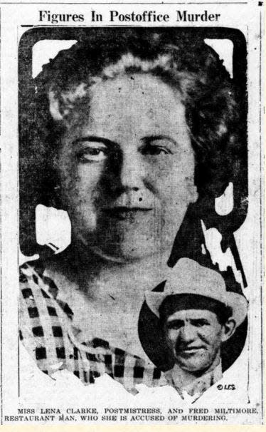 Lena Clarke admitted in 1921 that she'd killed her assistant and lover, Fred Milimore, after $32,000 had gone missing.