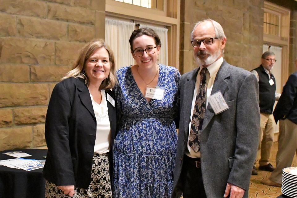 2023 Louis Kussmaul Friendship Awardee Maddy Murphy, center, with Kelly Mork, Associate Director for Stewardship at Denison University, and Steve Matheny, Executive Director of the Granville Area Chamber of Commerce.