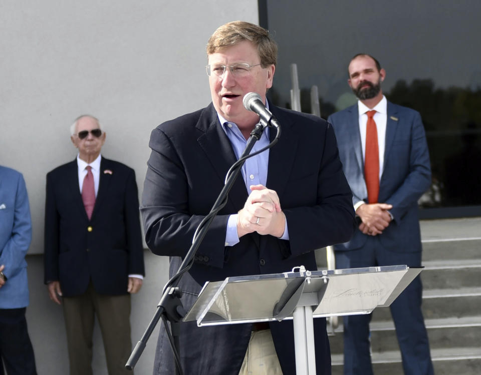 Mississippi Republican Gov. Tate Reeves speaks at the ribbon-cutting ceremony of the new Lauderdale County Government Center in Meridian, Miss., Monday, Nov. 6, 2023. Reeves is running for reelection and faces Democratic nominee Brandon Presley in the general election, Tuesday, Nov. 7. (Thomas Howard/The Meridian Star via AP)