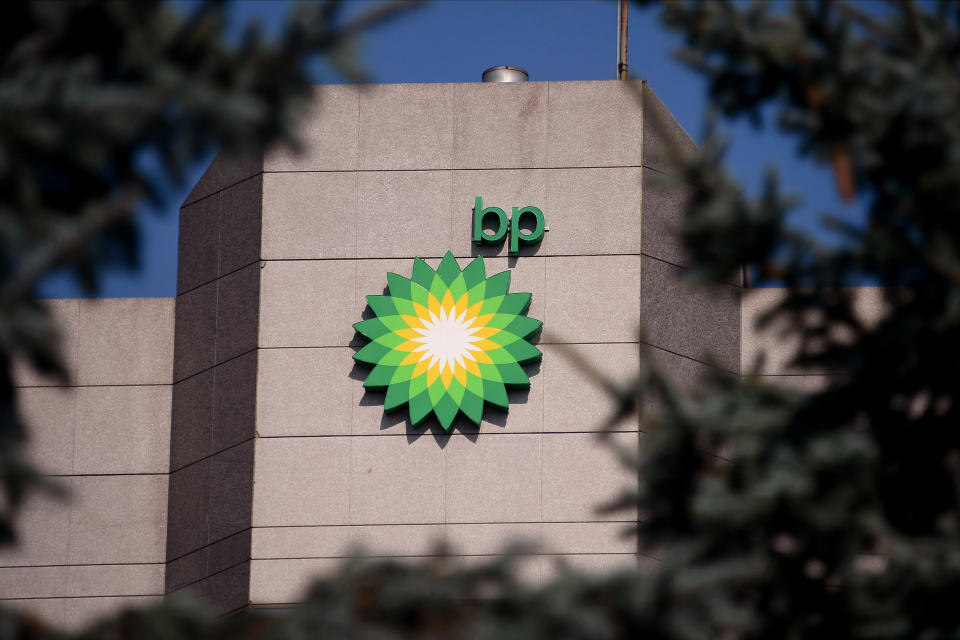 ANCHORAGE, AK - AUGUST 27: A view of the BP logo near the top of the BP Exploration Alaska headquarters on August 27, 2019 in Anchorage, Alaska. BP Alaska announced Tuesday morning that it will sell its entire business in the state of Alaska to Hilcorp Alaska, as it works to divest $10 billion worldwide.  (Photo by Lance King/Getty Images)