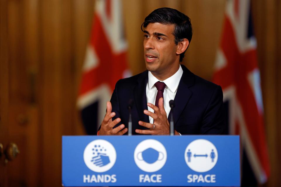 Britain's Chancellor of the Exchequer Rishi Sunak hosts a remote press conference to update the nation on his economic measures announced today during the covid-19 pandemic, inside 10 Downing Street in central London on September 24, 2020. - Britain on Thursday launched a coronavirus winter battle plan to protect jobs and boost the fragile economy, after surging infections sparked fresh nationwide measures to slow the spread. (Photo by JOHN SIBLEY / POOL / AFP) (Photo by JOHN SIBLEY/POOL/AFP via Getty Images)