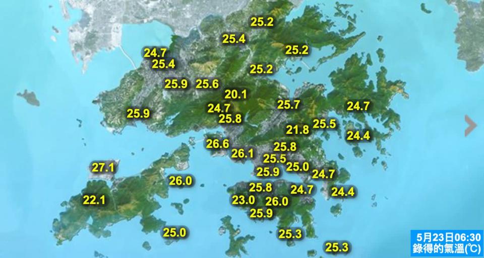 早上六點三十分香港各區氣溫。（香港天文台）