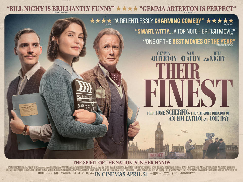 The UK quad poster for Lone Scherfig's 'Their Finest' featuring Sam Claflin, Gemma Arterton, and Bill Nighy (Lionsgate)