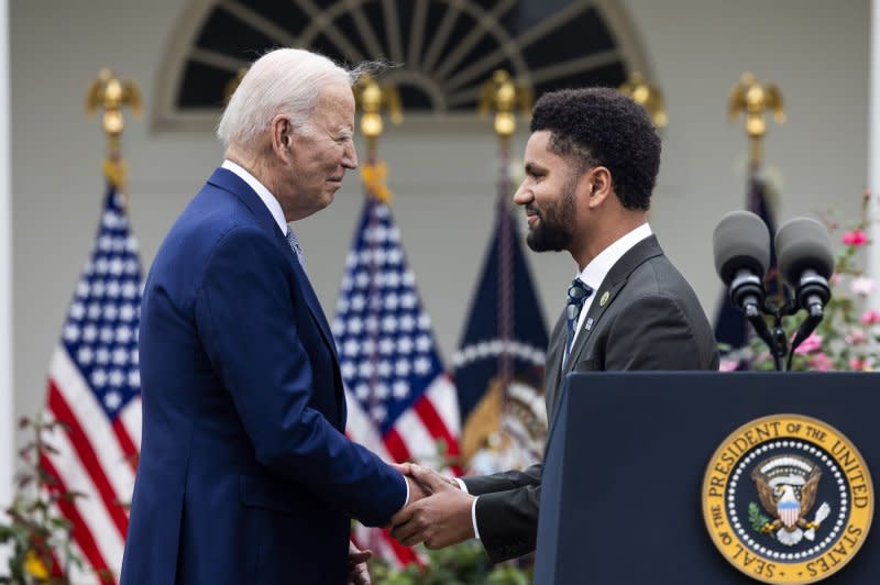 At the Friday White House event announcing the new White House Office of Gun Violence Prevention, Biden was joined by Rep. Maxwell Frost, D-Fla., the youngest member of Congress. Photo by Jim Lo Scalzo