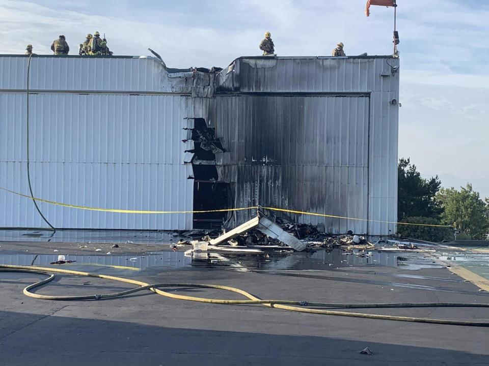 Debris at the scene of a small plane crash in Upland, CA, on July 30, 2023. / Credit: San Bernardino County Fire Department