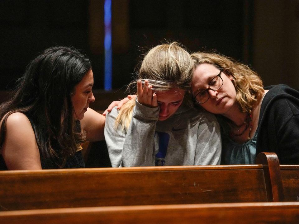 Parishioners participate in a community vigil at Belmont United Methodist Church in the aftermath of school shooting in Nashville, Monday, March 27, 2023, in Nashville, Tenn.