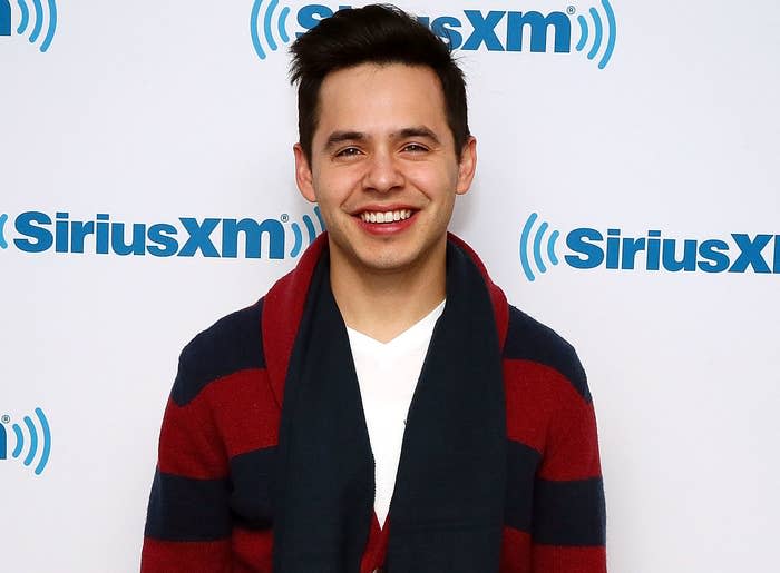 David smiles while wearing a navy and red striped cardigan