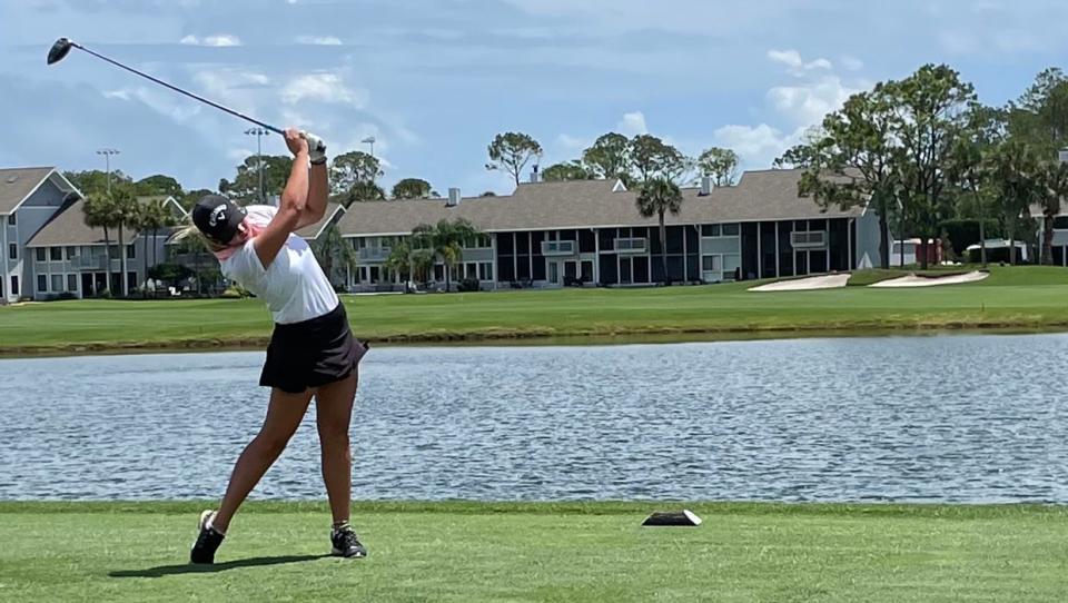 First Coast Women's Amateur champion Kaitlyn Schroeder follows through on her drive at the 18th hole of the Sawgrass Country Club on June 25 in the final round of the tournament.