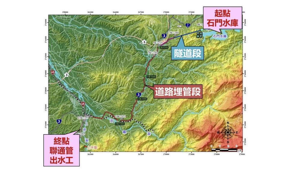 石門水庫至新竹聯通管工程路線示意圖。