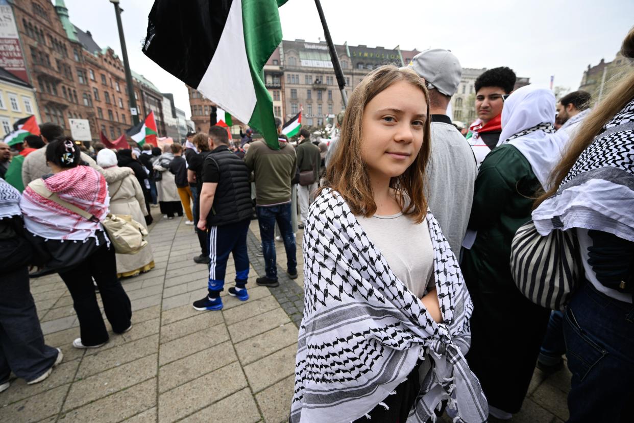 Climate activist Greta Thunberg is participating in the Stop Israel demonstration between Stortorget and Mölleplatsen in Malmö, Sweden, Thursday, May 09, 2024. The Stop Israel demonstration is expected to attract over 20,000 participants and targets Israel's participation in the 68th edition of the Eurovision Song Contest (ESC) in Malmö Arena.Photo: Johan Nilsson / TT / Code 50090