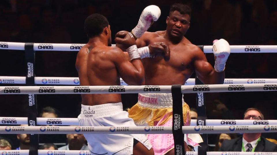 British boxer Anthony Joshua (L) competes with Cameroonian boxer Francis Ngannou.