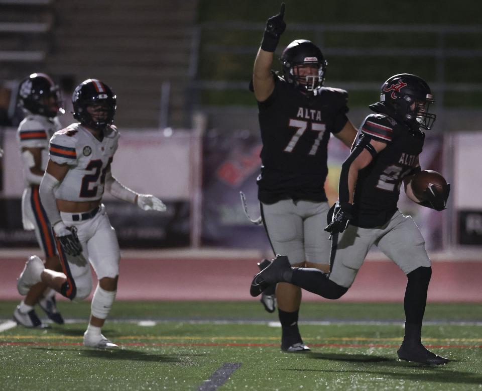 Alta’s Nolan Lohnes runs into the end zone to score as Brighton High School and Alta High School compete in a Week 8 football showdown at Alta High in Sandy on Friday, Sept. 29, 2023. | Laura Seitz, Deseret News