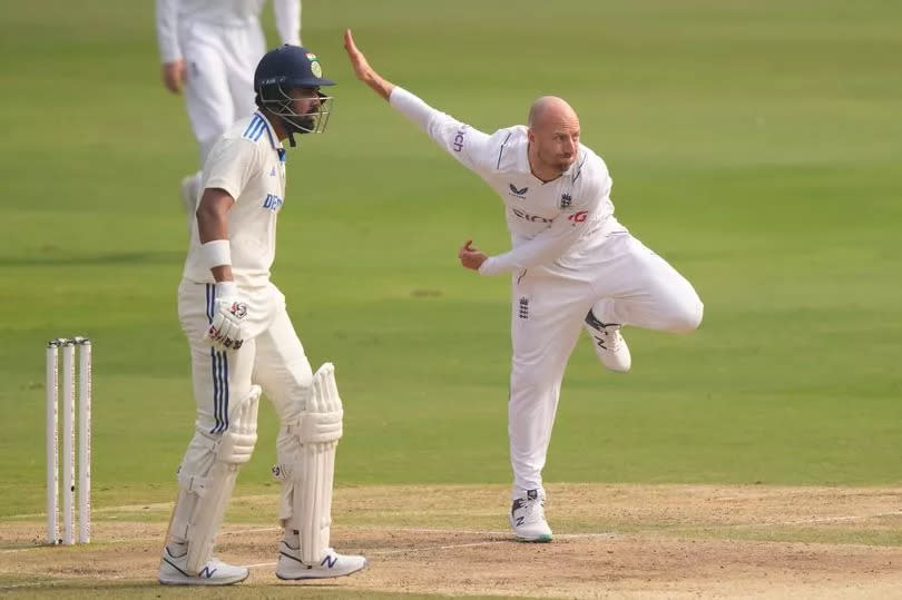 England's Jack Leach bowls during the second day of their first cricket test against India in Hyderabad, India, Friday, Jan. 26, 2024. (AP Photo/Mahesh Kumar A.)