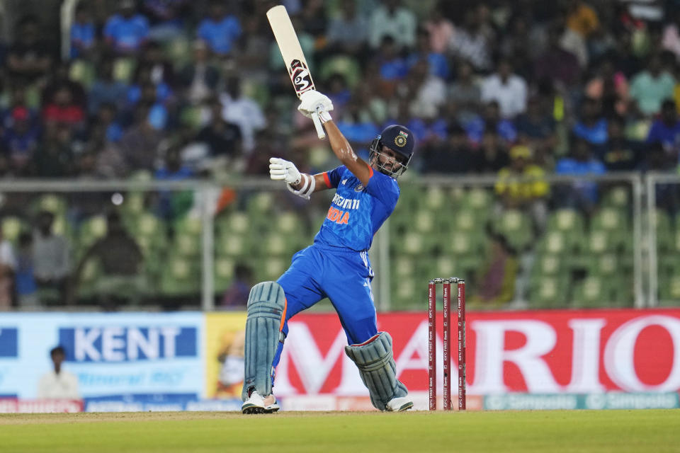 India's Yashasvi Jaiswal plays a shot during the second T20 cricket match between India and Australia in Thiruvananthapuram, India, Sunday, Nov. 26, 2023. (AP Photo/Aijaz Rahi)