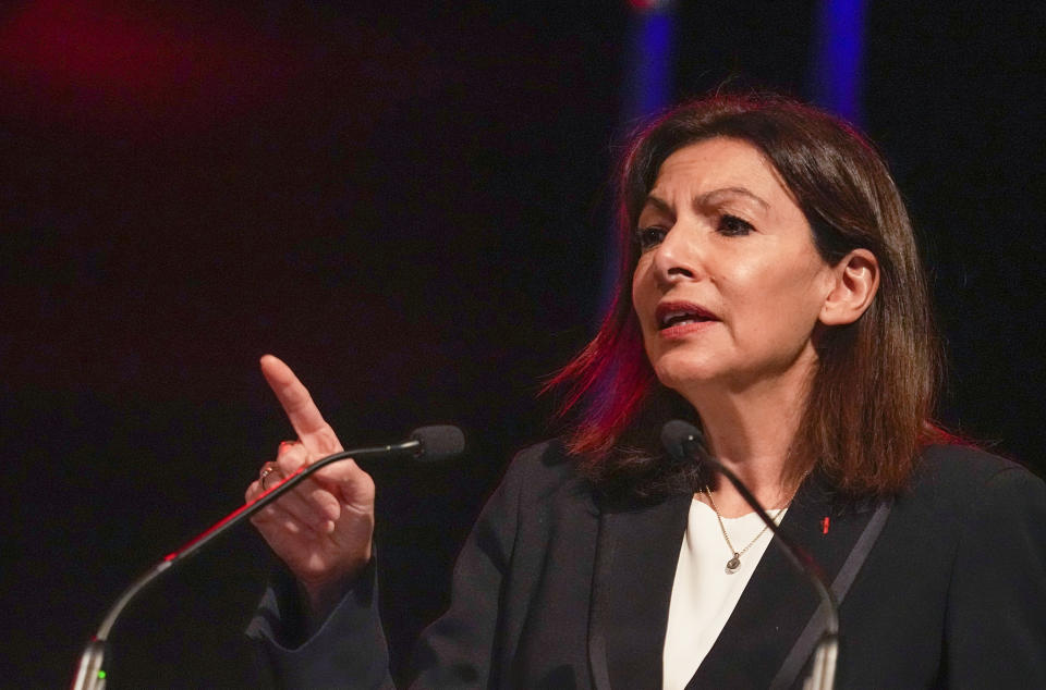 French Socialist Party presidential candidate for the 2022 election Anne Hidalgo gestures as she speaks during a media conference in Paris, Thursday, Jan. 13, 2022. Hidalgo unveiled to the media her program for the upcoming presidential election in April. (AP Photo/Michel Euler)