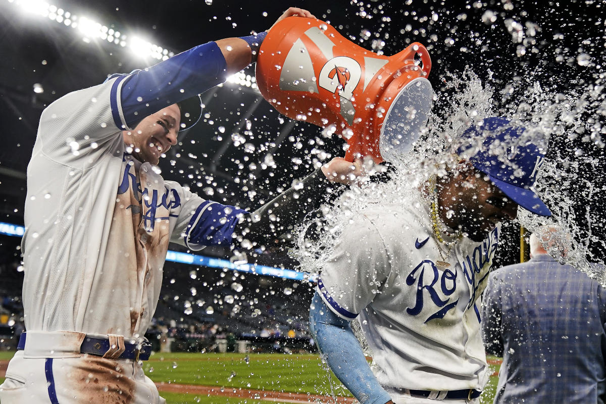 May 1 2022: Kansas City shortstop Nicky Lopez (8) gets a hit during the  game with New York Yankees and Kansas City Royals held at Kauffman Stadium  in Kansas City Mo. David