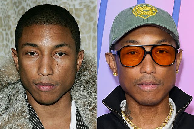 <p>Evan Agostini/Robert Okine/Getty</p> Pharrell Williams in 2004; in 2024