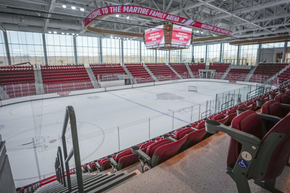 The newly constructed NCAA college hockey Martire Family Arena on the campus of Sacred Heart University is viewed in Fairfield, Conn., Monday, Jan 9, 2023. (AP Photo/Bryan Woolston)