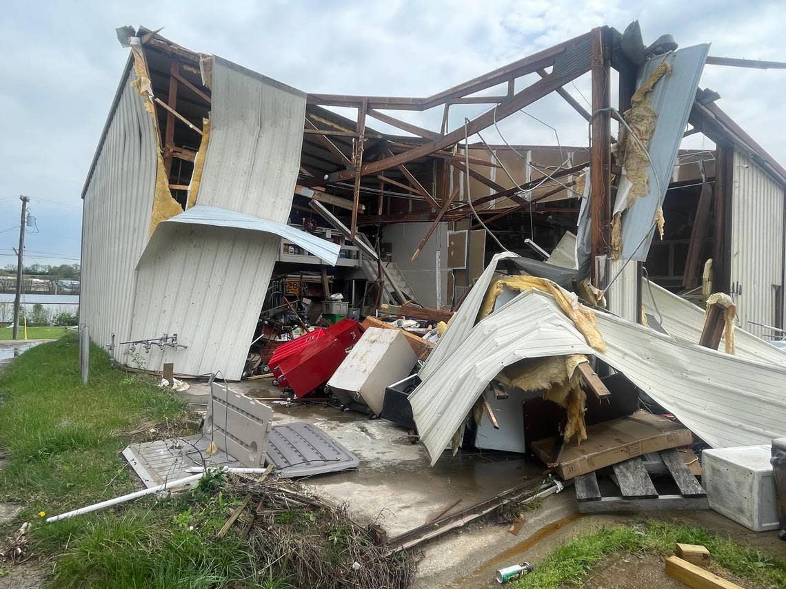 Multiple business was destroyed in Jessamine County near U.S. 27 after strong storms swept through much of Kentucky on April 2, 2024.