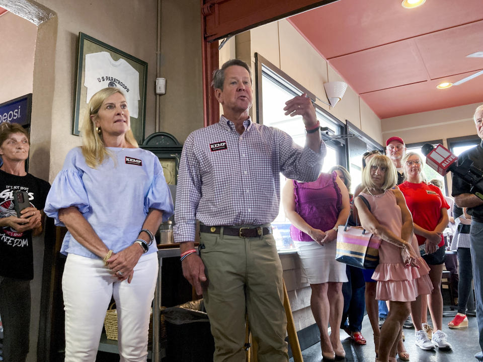 Georgia Gov. Brian Kemp speaks to supporters on Thursday, Aug. 4, 2022 in Toccoa, Ga. Republicans in Georgia increasingly rely on voters in north Georgia as their margins shrink in suburban Atlanta. (AP Photo/Jeff Amy)