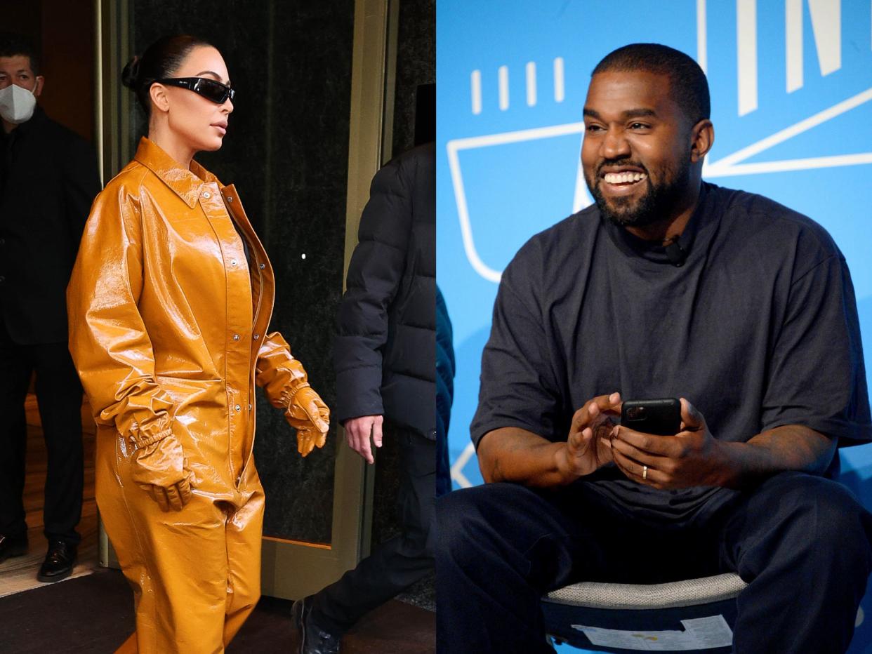 left: kim kardashian in a shiny orange jumpsuit and sunglasses; right: ye sitting with his legs open on stage, smiling