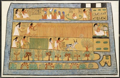 <span class="caption">Sennedjem and Iineferti in the Fields of Iar, 1295–1213BC.</span> <span class="attribution"><a class="link " href="https://www.metmuseum.org/art/collection/search/548354?&searchField=All&sortBy=Relevance&where=Egypt&ft=harvest&offset=0&rpp=20&pos=6" rel="nofollow noopener" target="_blank" data-ylk="slk:Charles K. Wilkinson/Met Museum of Art;elm:context_link;itc:0;sec:content-canvas">Charles K. Wilkinson/Met Museum of Art</a></span>