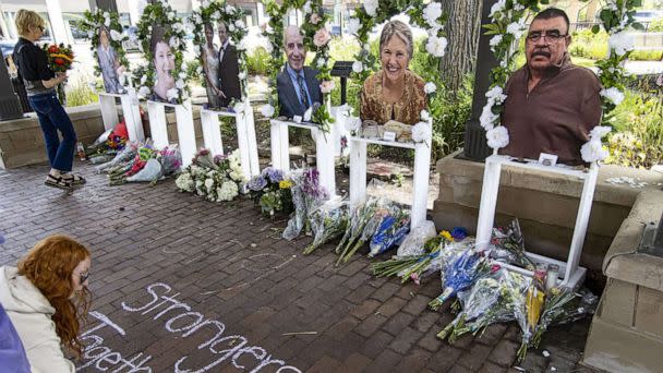 PHOTO: Residents deliver flowers and leave chalk messages at a memorial depicting the seven people killed after a mass shooting at the Fourth of July parade in Highland Park, Ill., July 8, 2022. (Chicago Tribune via Getty Images, FILE)