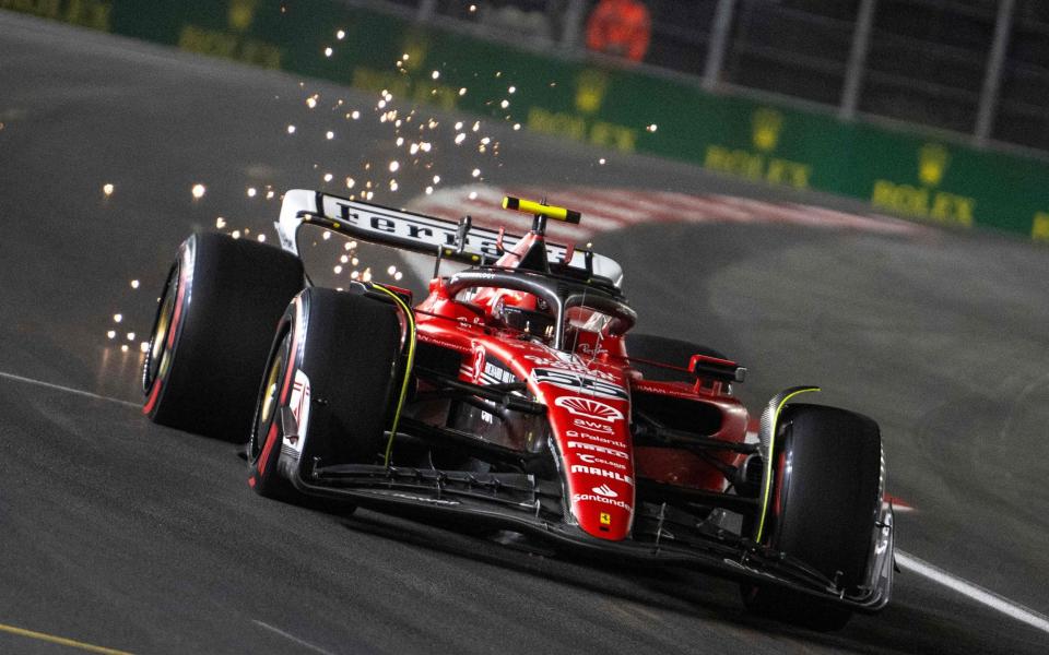 Ferrari's Spanish driver Carlos Sainz Jr., races during the third practice session for the Las Vegas Formula One Grand Prix on November 17, 2023, in Las Vegas, Nevada