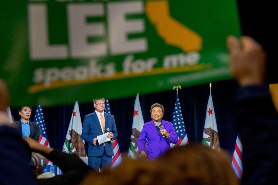Rep. Barbara Lee, who is running for U.S. Senate, speaks at the Democratic nominating convention at SAFE Credit Union Convention Center in Sacramento on Saturday.