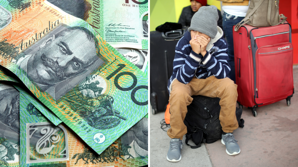 A pile of Australian currency and a young boy sitting on bag and looking sad wearing a beanie