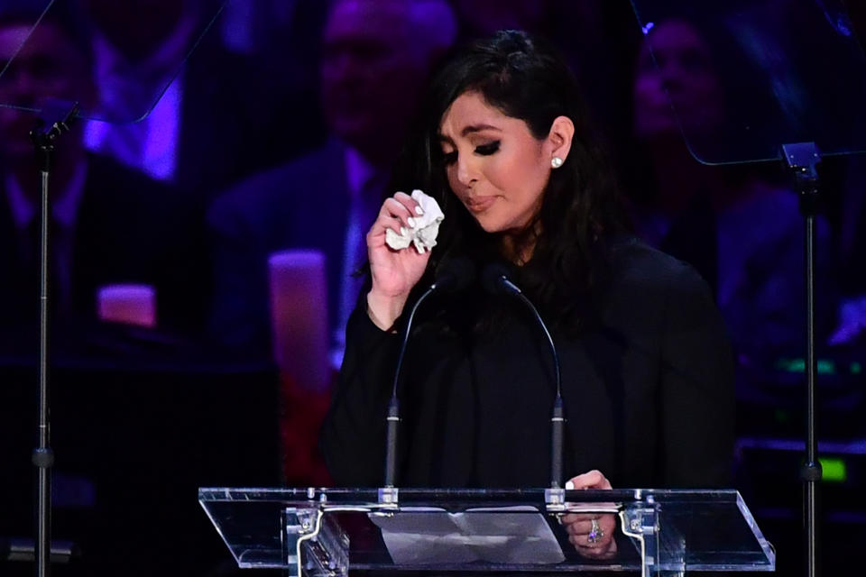 Kobe Bryant's wife Vanessa Bryant speaks during the "Celebration of Life for Kobe and Gianna Bryant" service at Staples Center in Downtown Los Angeles on February 24, 2020. - Kobe Bryant, 41, and 13-year-old Gianna were among nine people killed in a helicopter crash in the rugged hills west of Los Angeles on January 26. (Photo by FREDERIC J. BROWN / AFP) (Photo by FREDERIC J. BROWN/AFP via Getty Images)