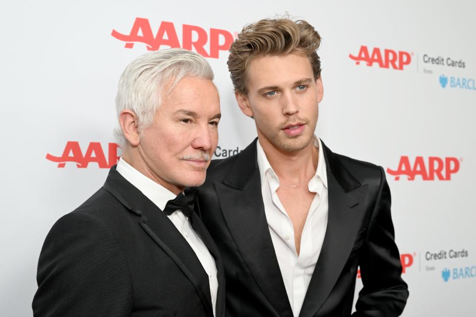 Baz Luhrmann, left, and Austin Butler arrive fashionably late to the AARP Movies for Grownup Awards red carpet.