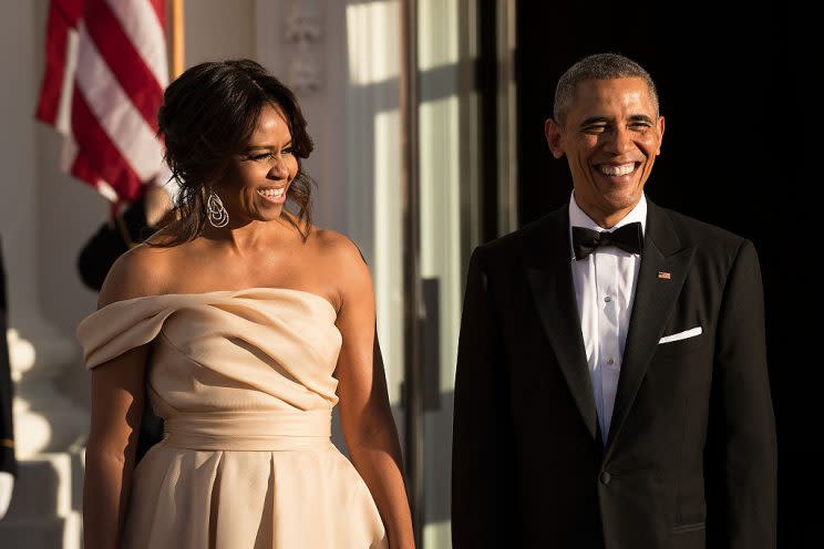 Michelle Obama in Naeem Khan at a Nordic state dinner (Photo: Getty Images)