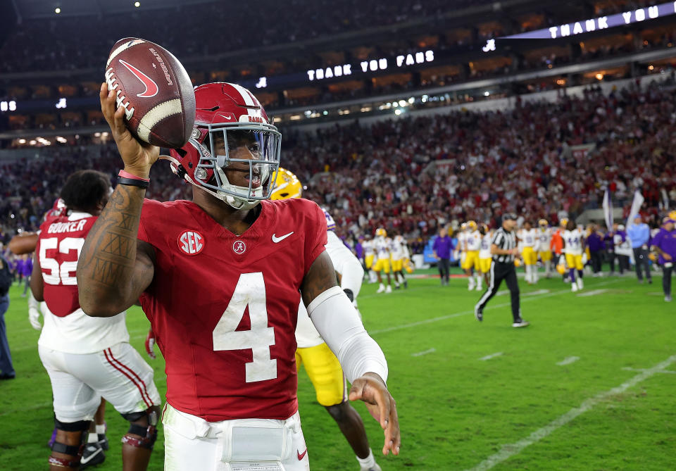 Alabama QB Jalen Milroe reacts after his team's 42-28 win over LSU on Saturday. (Kevin C. Cox/Getty Images)