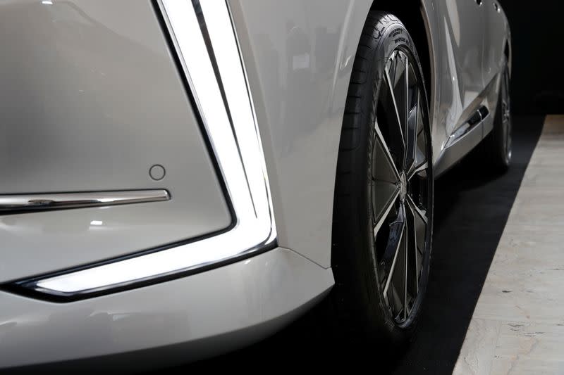 The headlight cluster of a DS 4 automobile, produced by Stellantis, is seen during its launch event in Paris