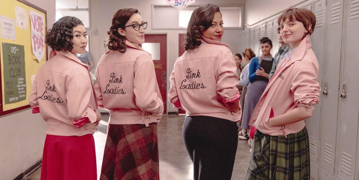 tricia fukuhara, marisa davila, cheyenne wells and ari notartomaso, grease rise of the pink ladies