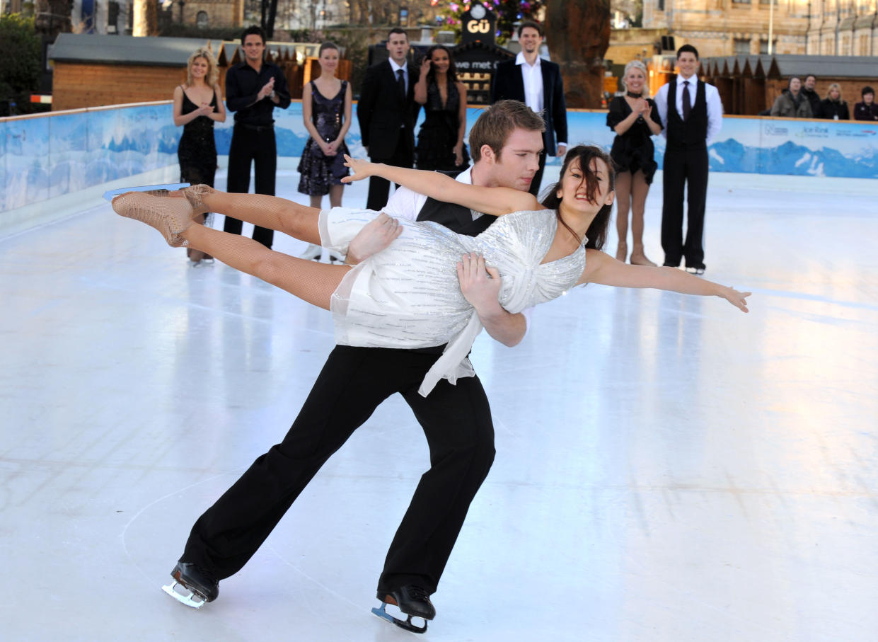 Hollyoaks actor Chris Fountain dances with partner Frankie Poultney, in practice ahead of Dancing On Ice, which airs on ITV, at the Natural History Museum, London.   (Photo by Joel Ryan - PA Images/PA Images via Getty Images)