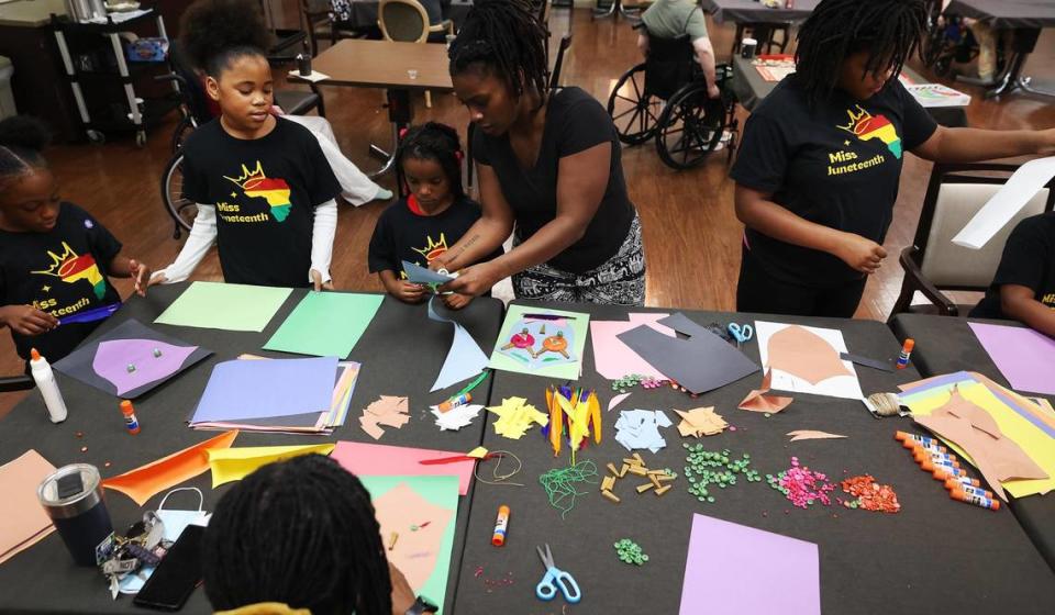 Juneteenth pageant contestants and organizers visit West Side Campus of Care to interact with residents as a community service project on Wednesday, June 14, 2023. This is the inaugural Juneteenth pageant for the Lake Como community.