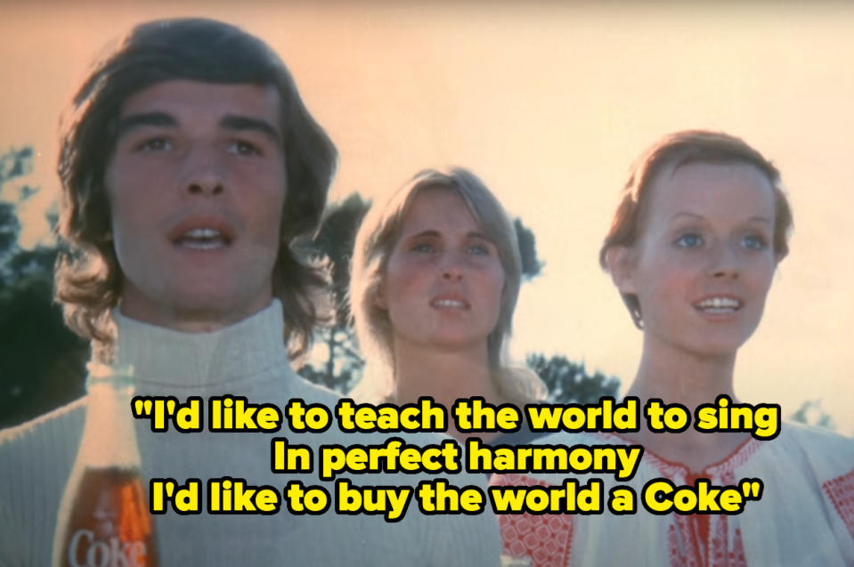 Three people singing outdoors with the text "I'd like to teach the world to sing in perfect harmony I'd like to buy the world a Coke" over the image