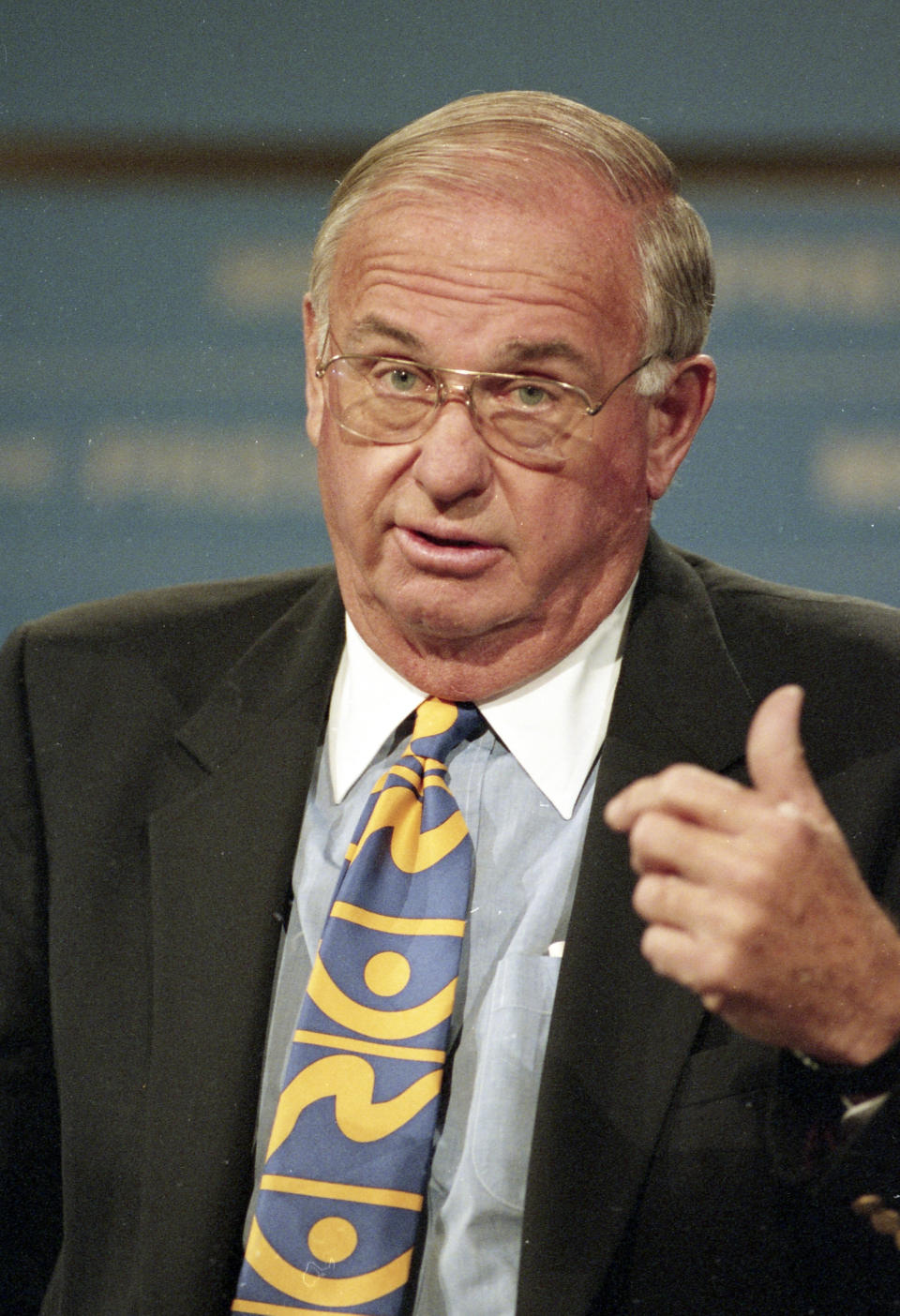 FILE - Former Connecticut Gov. Lowell Weicker appears on NBC's "Meet the Press on Aug. 20, 1995, in Washington, DC. Weicker, a Republican U.S. senator who tussled with his own party during the Watergate hearings, championed legislation to protect people with disabilities and later was elected Connecticut governor as an independent, died Wednesday, June 28, 2023, at a hospital in Middletown, Conn., after a short illness. He was 92. (AP Photo/J. Scott Applewhite, File)